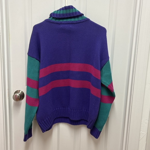 Vintage Eddie Bauer Sweater Men Large ColorBlock Crewneck Purple 80s Heavyweight - Picture 3 of 9